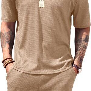 Men's Khaki Waffle Knit Short Set - Casual 2-Piece Summer Lounge and Active Wear